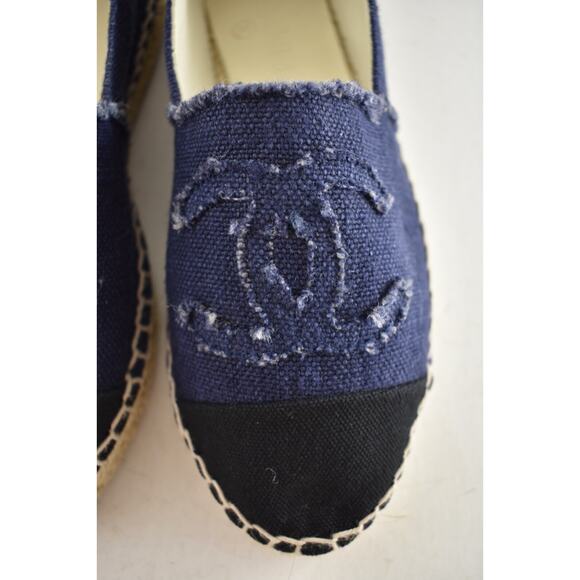 Chanel REV Blue Black Linen Canvas CC Logo Double Sole Espadrille Flat 37 RARE - Picture 9 of 14